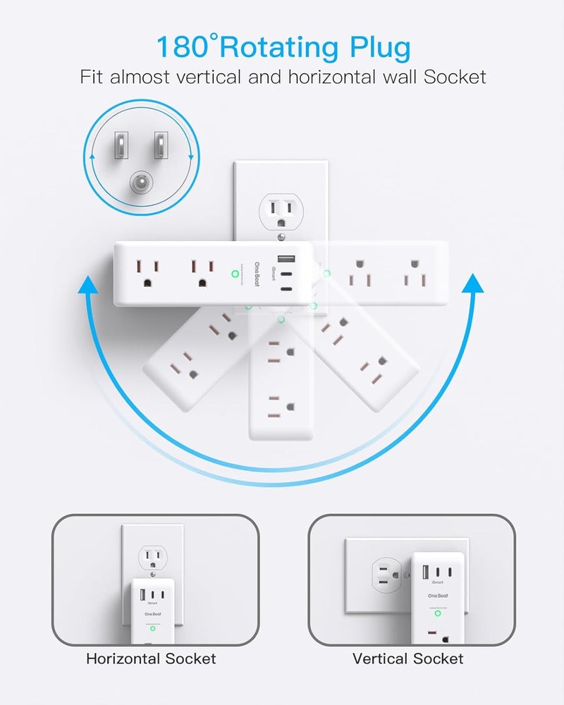 One Beat Surge Protector Outlet Extender with Rotating Plug, 6 AC Multi Plug Outlet with 3 USB Ports (2 USB C), 1800 Joules, 3-Sided Swivel Power Strip with Spaced Outlet Splitter for Home, Office, Dorm, White - Image 4